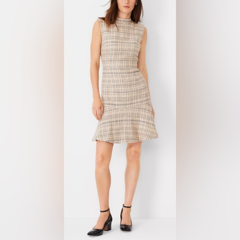 NWT Ann Taylor Tweed Mock Neck Flounce Dress in‎ Oatmeal - 0P